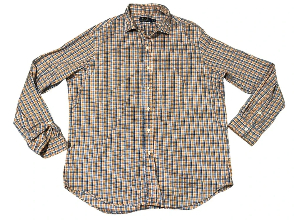 Polo Ralph Lauren Shirt Mens XL Orange Blue Plaid Button Up Long Sleeve Casual